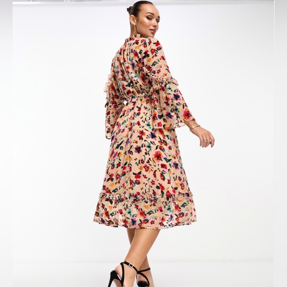 NWT French Connection Avery Long Sleeve Burnout Floral Midi Dress Toasted Almond - Picture 4 of 10